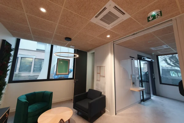 PLAFOND ACOUSTIQUE LAINE DE BOIS AGENCE BANCAIRE A LA TALAUDIERE